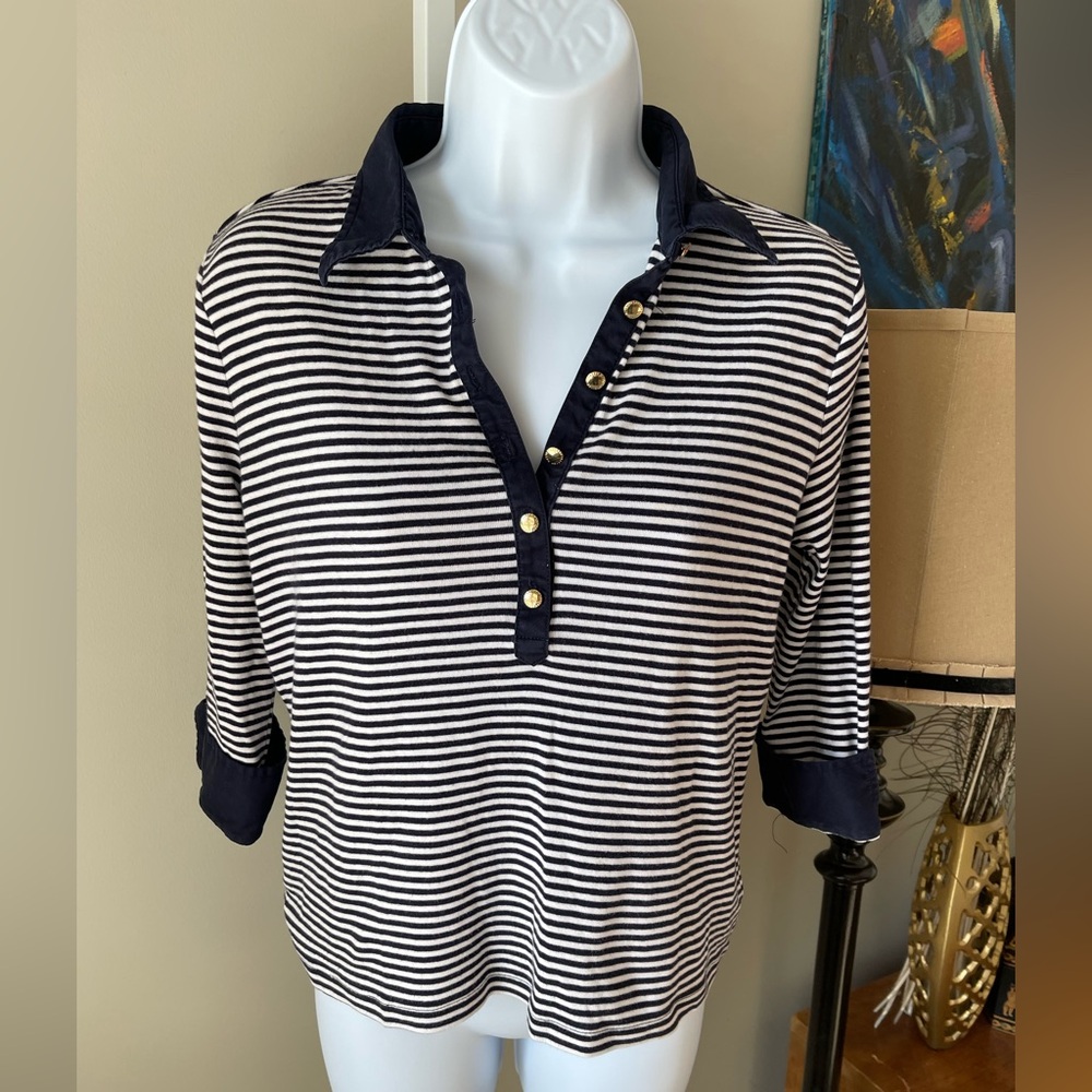 Lauren Ralph Lauren Navy White Striped Henley Button Shirt Medium